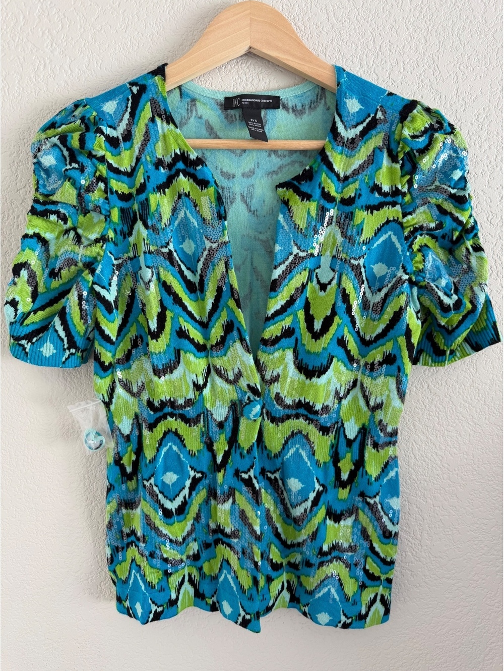 INC International Concepts Sequin Ikat Cardigan Puff Sleeve Blue Green Petite S